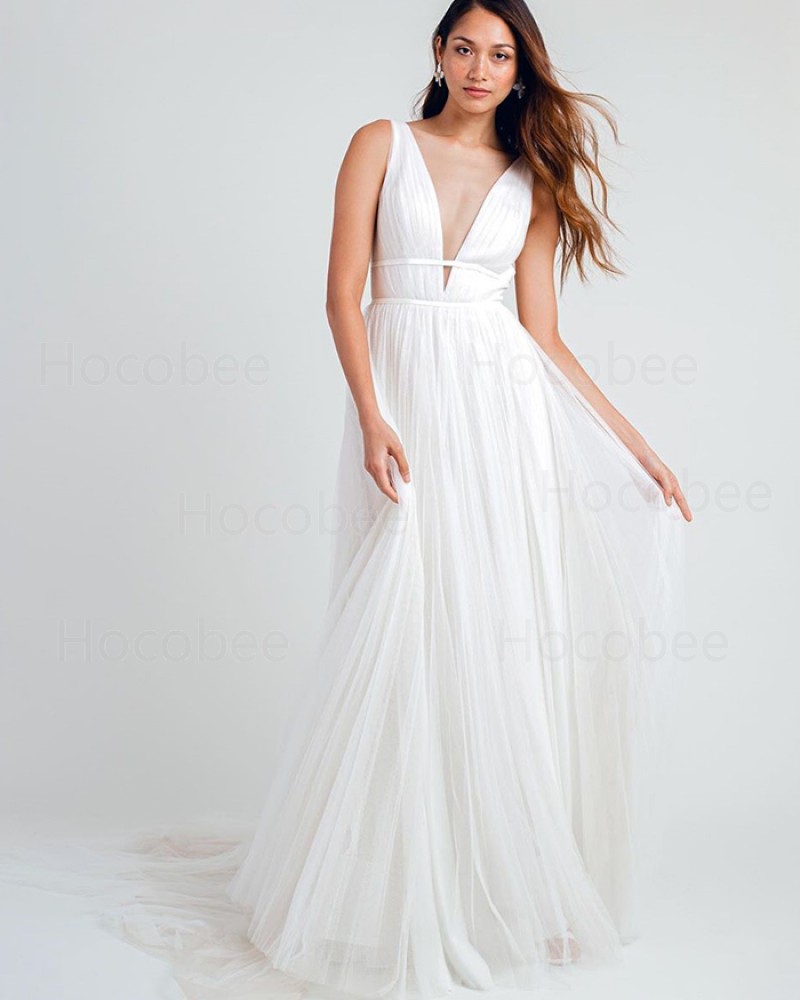 Pleated Deep V-neck White Beach Wedding Dress WD2330