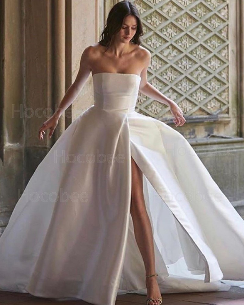 Satin White Simple Strapless Wedding Dress for Fall with Slit WD2336