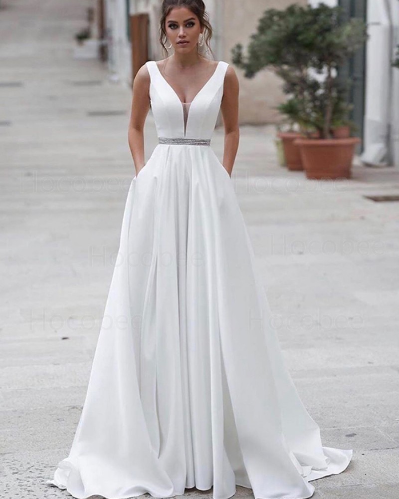 White A-line V-neck Satin Simple Wedding Dress with Pockets WD2338