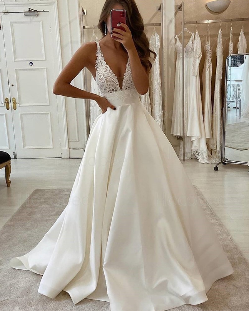 White Satin Lace Bodice V-neck Wedding Dress WD2340