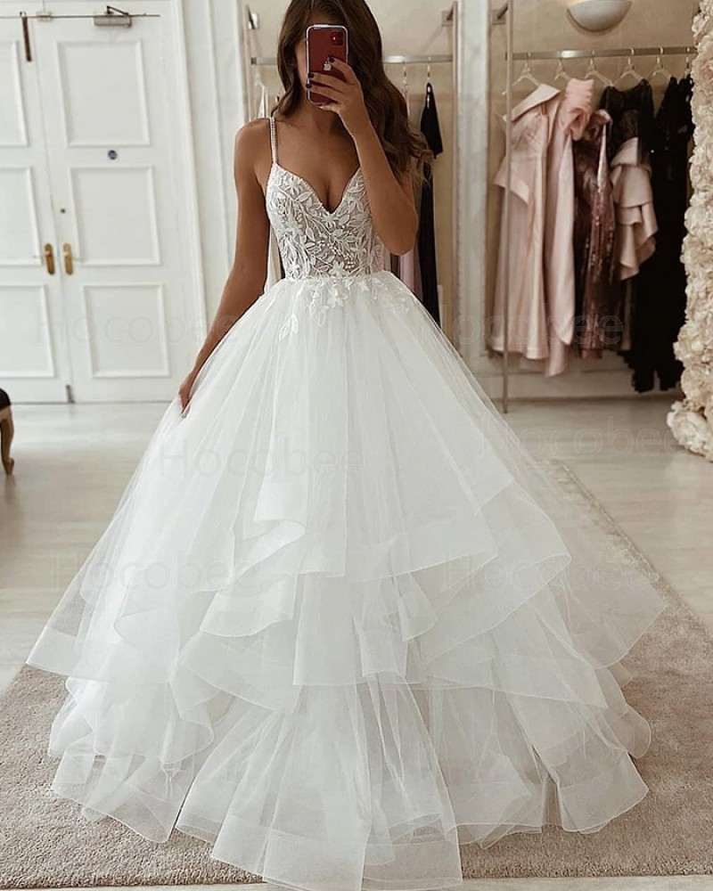 Lace Bodice Ruffled Spaghetti Straps Ivory Wedding Dress WD2341