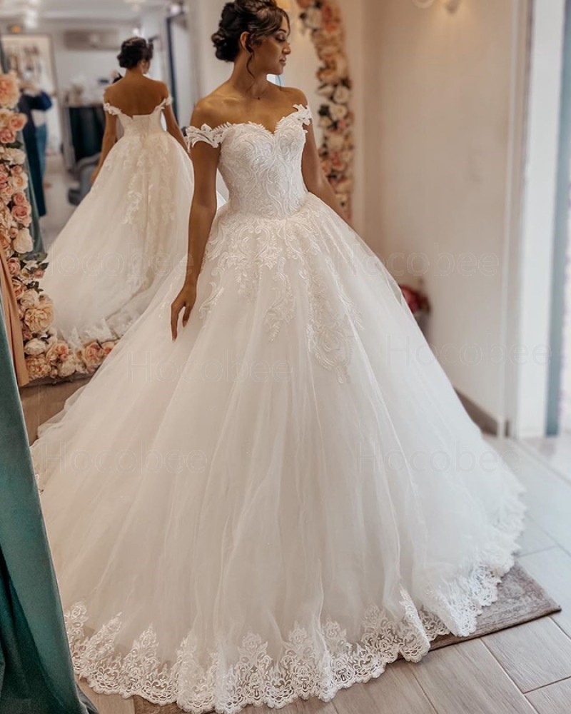 Off the Shoulder Lace Applique Tulle White A-line Wedding Dress WD2400