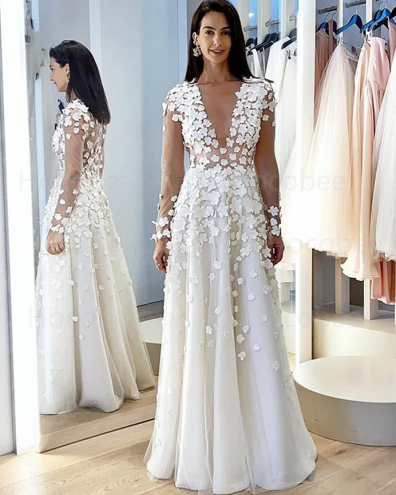 Long Sleeve Jewel Neckline White A-line Wedding Dress with Handmade Flowers WD2407