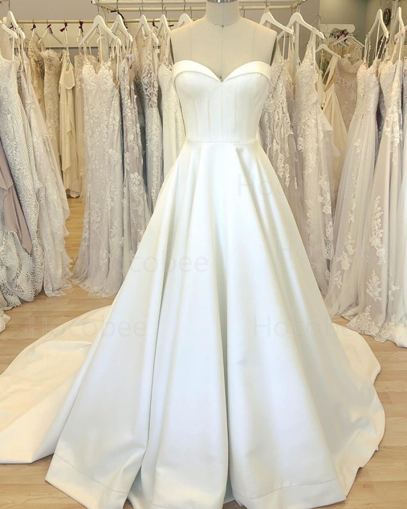 Satin White Sweetheart Simple Wedding Dress with Court Train WD2408