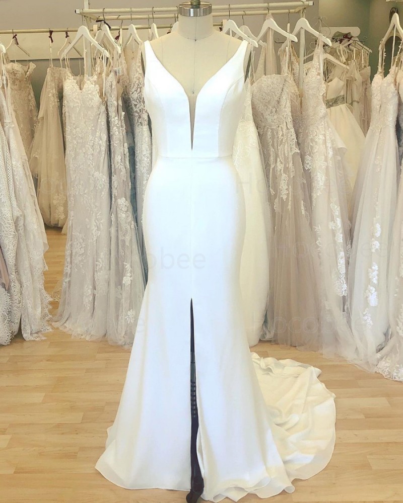 V-neck Satin White Mermaid Simple Wedding Dress with Middle Slit WD2409