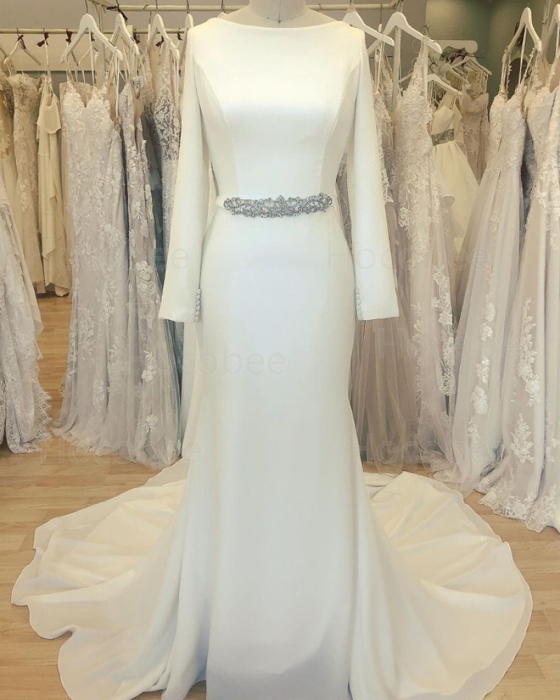 White Satin Simple Bateau Sheath Wedding Dress with Long Sleeves WD2412