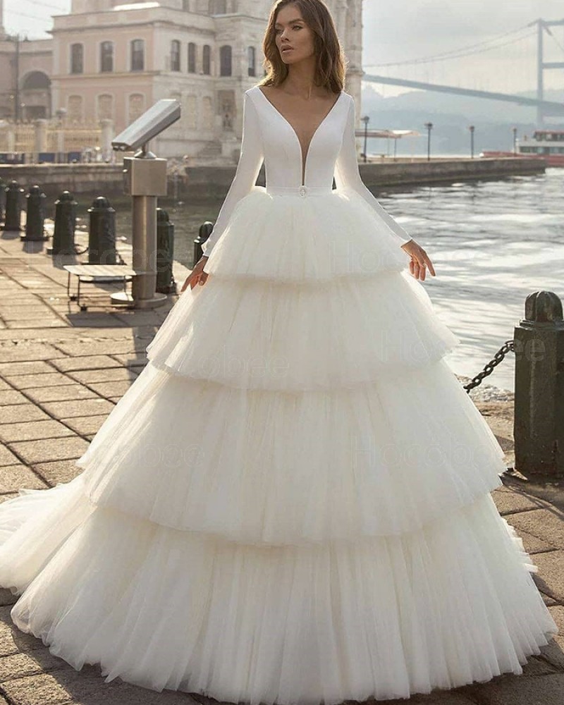 V-neck Ruffle Long Sleeve Simple White Wedding Dress with Layered Skirts WD2413