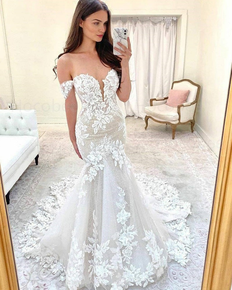 Lace Mermaid Off the Shoulder Ivory Wedding Dress with Court Train WD2414