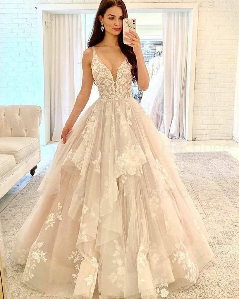 Ruffle Lace Applique V-neck Ivory Tulle Wedding Dress WD2415