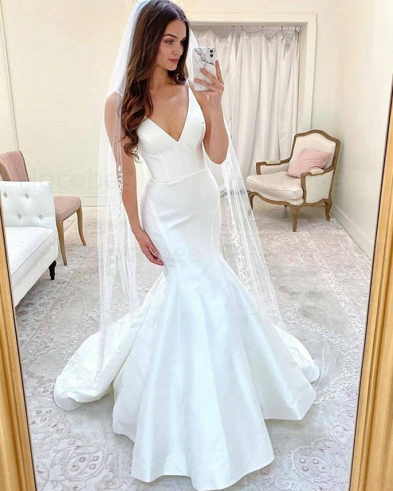 White Mermaid Simple Spaghetti Straps Wedding Dress WD2416