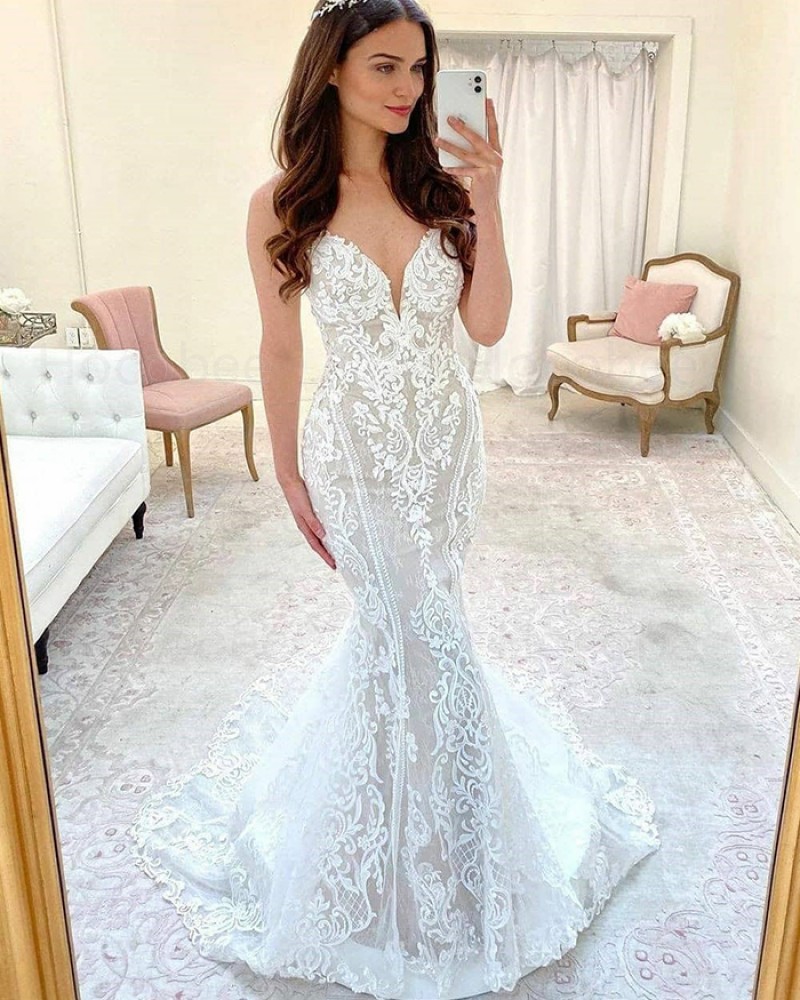Lace Mermaid White Spaghetti Straps Wedding Dress with Court Train WD2421