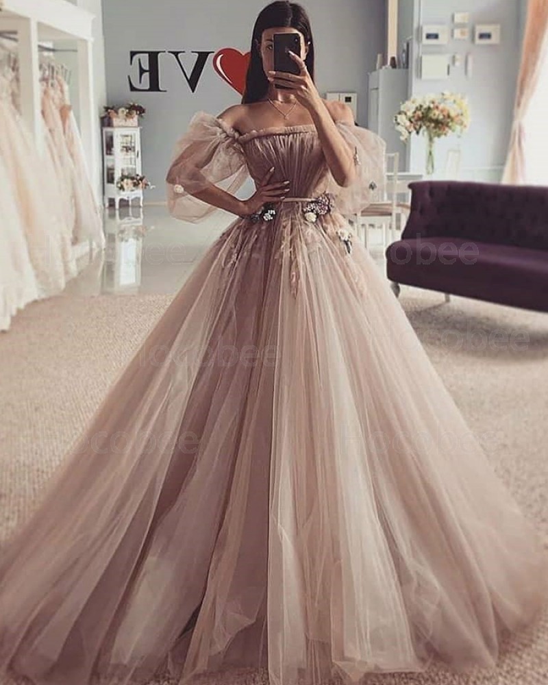 Ruched Beading Tulle Off the Shoulder Brown Wedding Dress WD2425