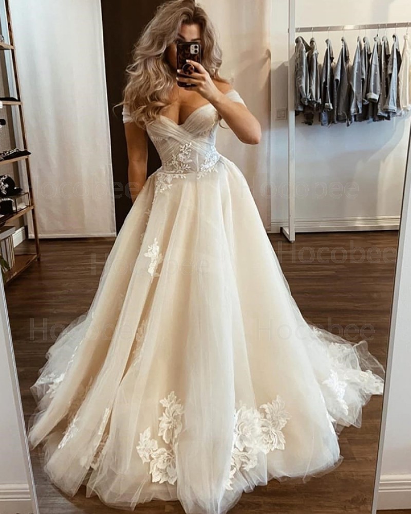 Tulle Applique Ivory Off the Shoulder Wedding Dress WD2433