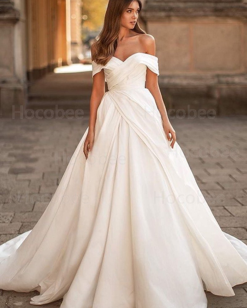 White Ruched Satin Off the Shoulder Simple Wedding Dress WD2434