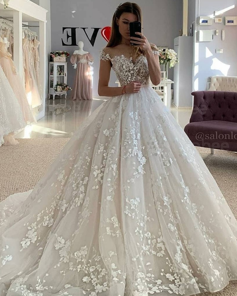 Elegant Lace Applique Ivory Off the Shoulder Wedding Dress WD2439