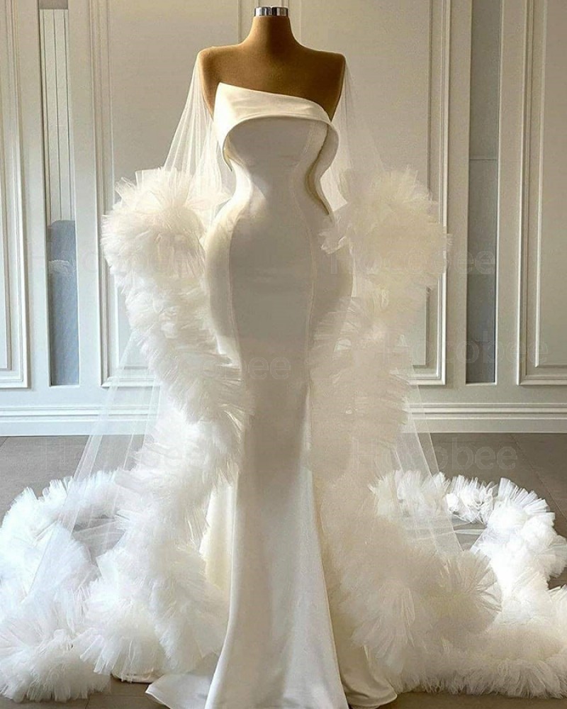 White Tulle Cowl Neckline Mermaid Bell Sleeves Wedding Dress with Feather Hems WD2441