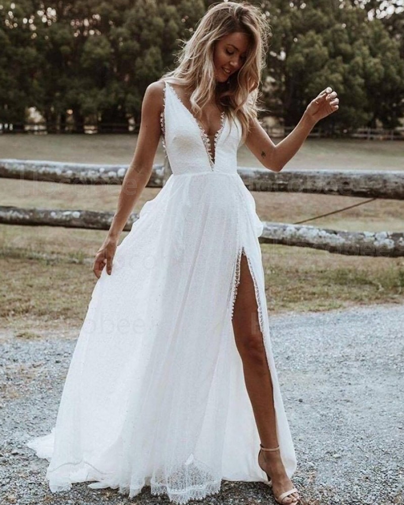 Lace White Beach Simple V-neck Wedding Dress with Side Slit WD2445