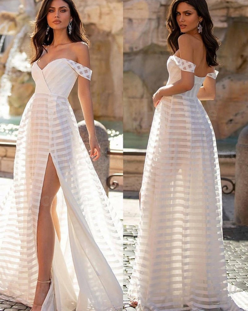 V-neck Strip Tulle Beach White Simple Wedding Dress with Side Slit WD2448