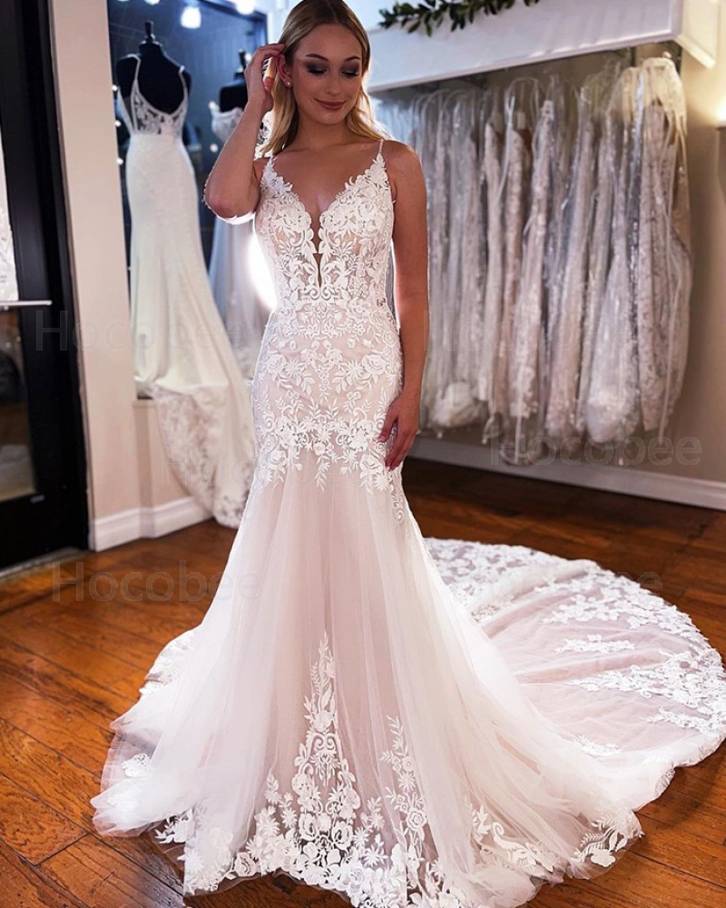Applique V-neck Mermaid Lace Ivory Wedding Dress WD2453