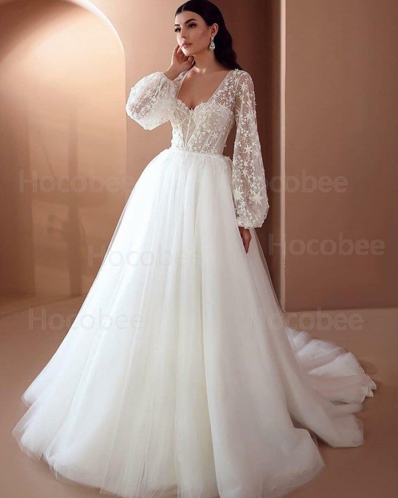 White Tulle Square Neckline Lace Bodice Wedding Dress with Long Sleeves WD2474