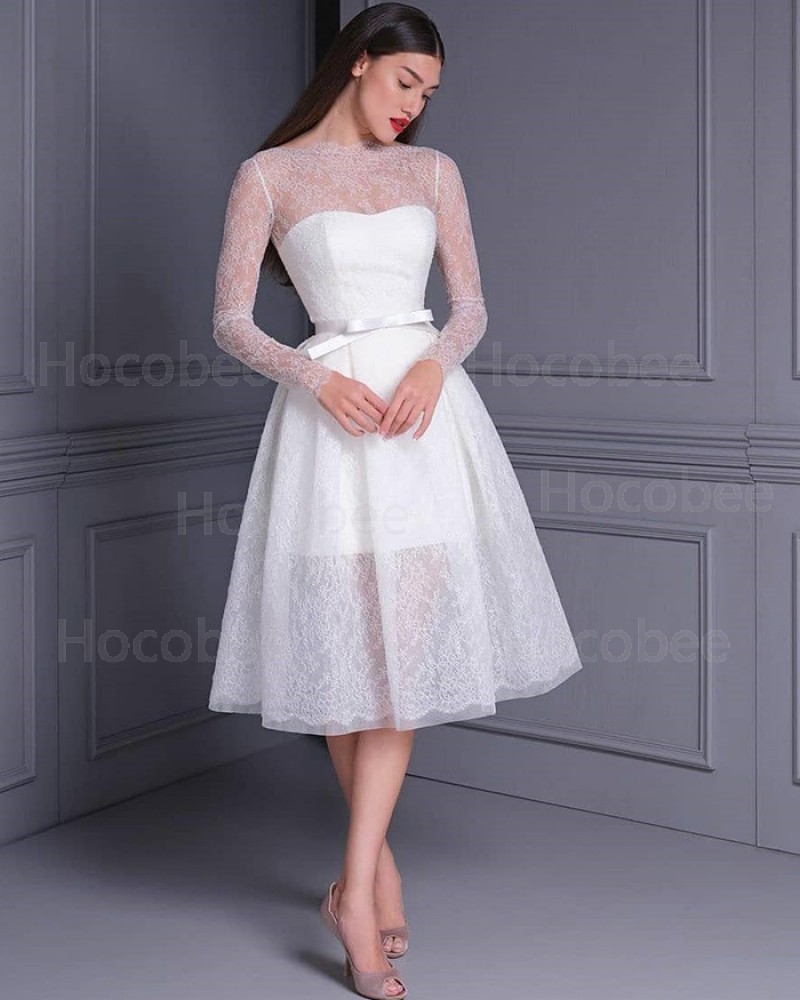 White Knee Length Jewel Neckline Lace Wedding Dress with Long Sleeves WD2476