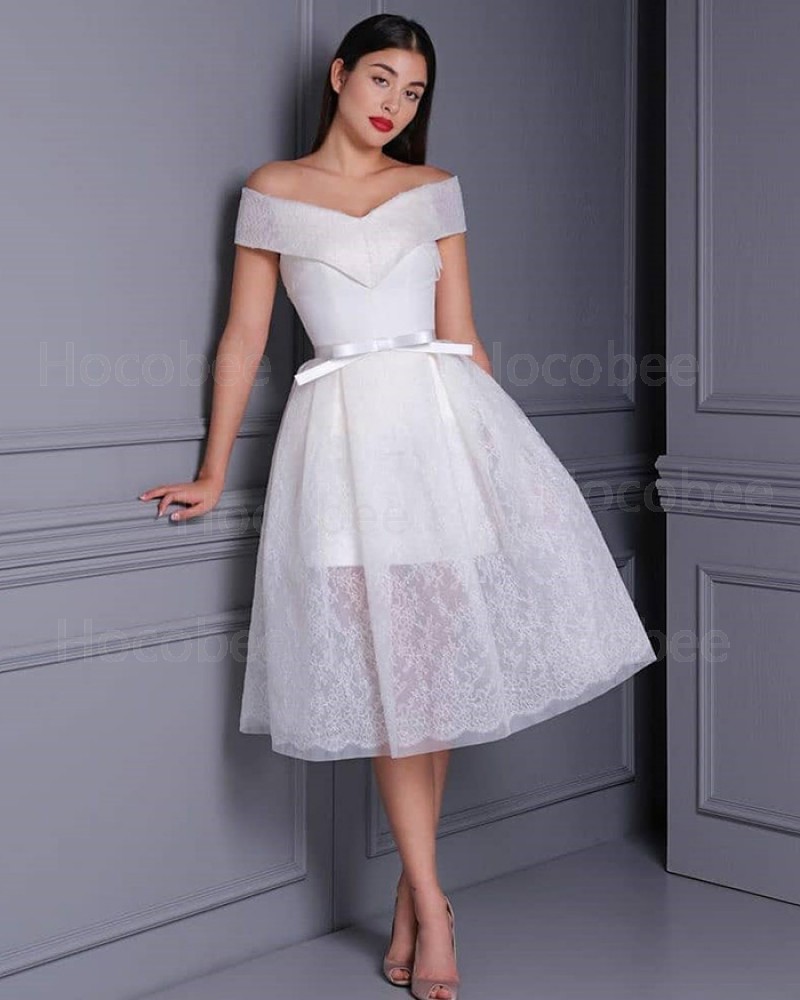 Lace Knee Length V-neck White Wedding Dress WD2477