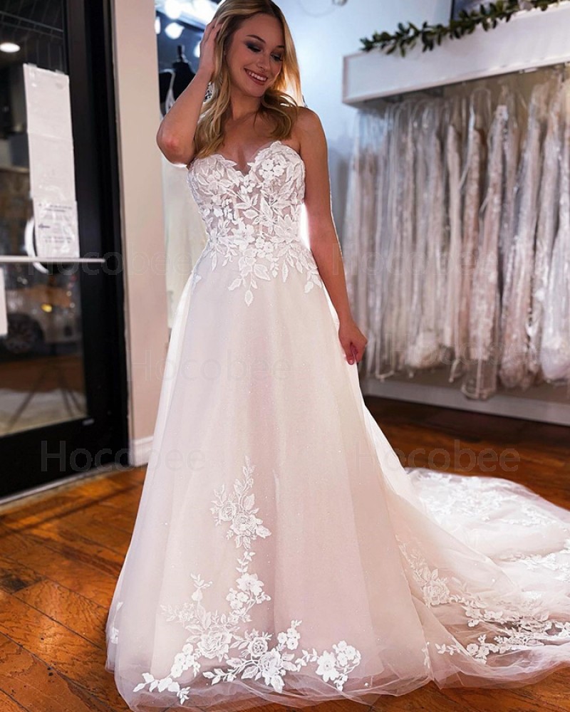 Lace Applique Spaghetti Straps Tulle Wedding Dress WD2481