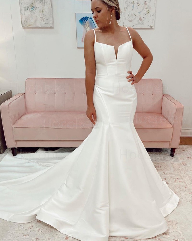 Satin Spaghetti Straps White Mermaid Wedding Dress WD2482