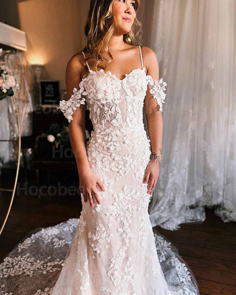 White Lace Applique Cold Shoulder Sheath Bridal Dress WD2550