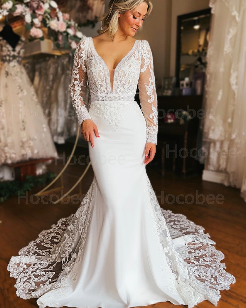 White Lace Mermaid V-neck Bridal Dress with Long Sleeves WD2583