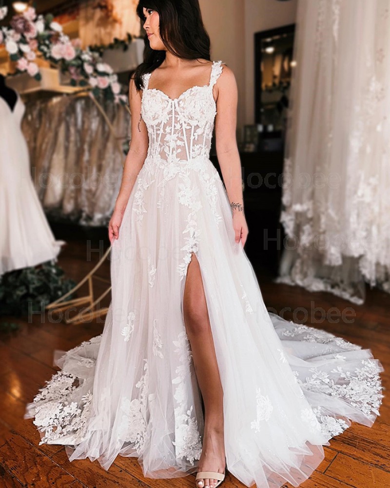 Lace Applique Ivory Square Neckline Bridal Dress with Side Slit WD2585