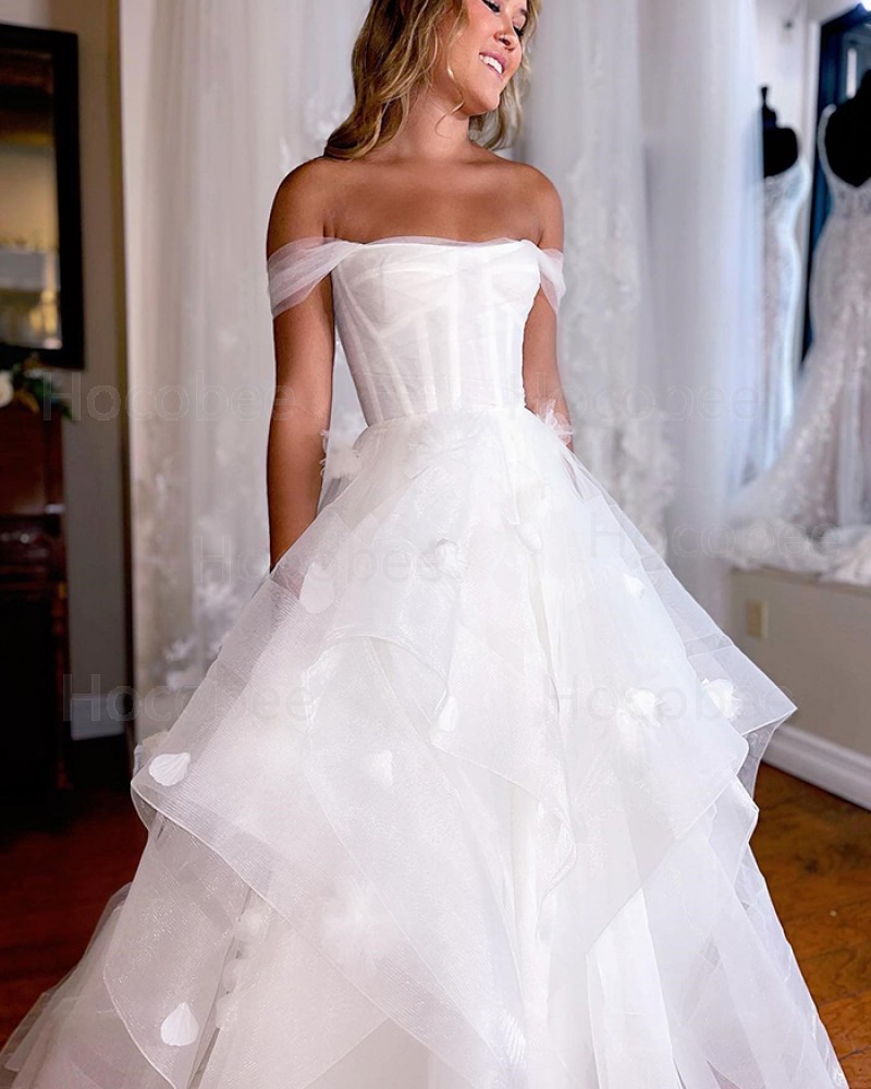 White Ruffled Applique Off the Shoulder Bridal Dress WD2590