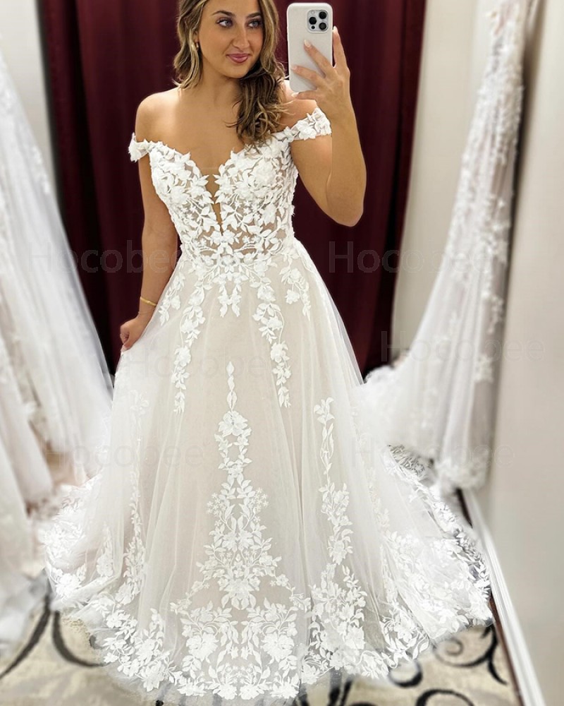 Lace Applique Ivory Off the Shoulder Bridal Dress WD2617