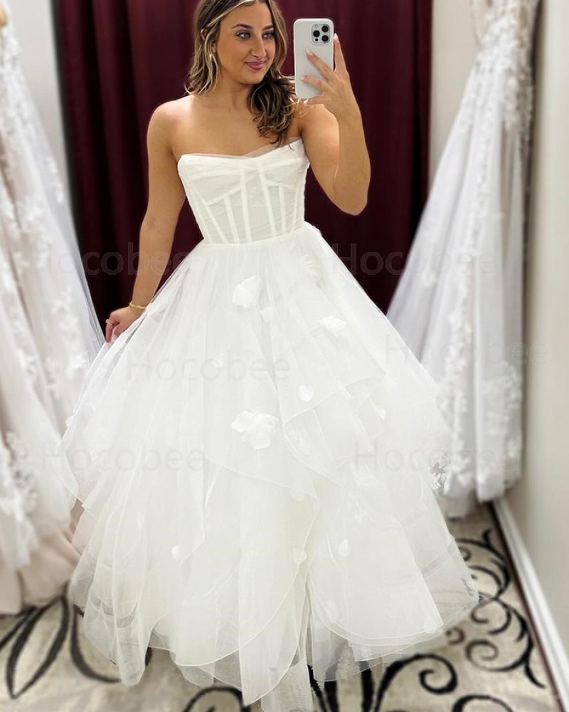 Ivory Ruffled Strapless Bridal Dress with 3D Flowers WD2619