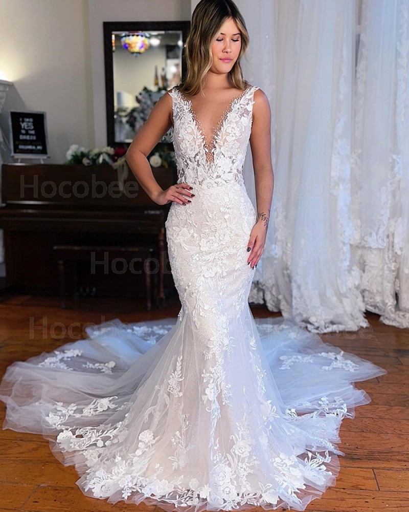 Beading Lace Appliqued Deep V-neck Mermaid Bridal Dress WD2623