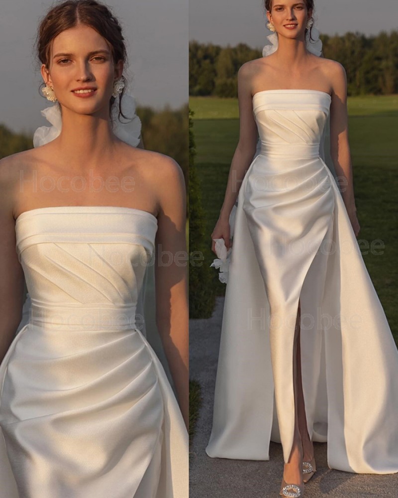 Strapless Ruched Satin Sheath White Bridal Dress with Detachable Skirt WD2632