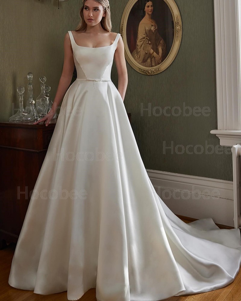 Satin Scoop Neckline Simple White Bridal Dress WD2633