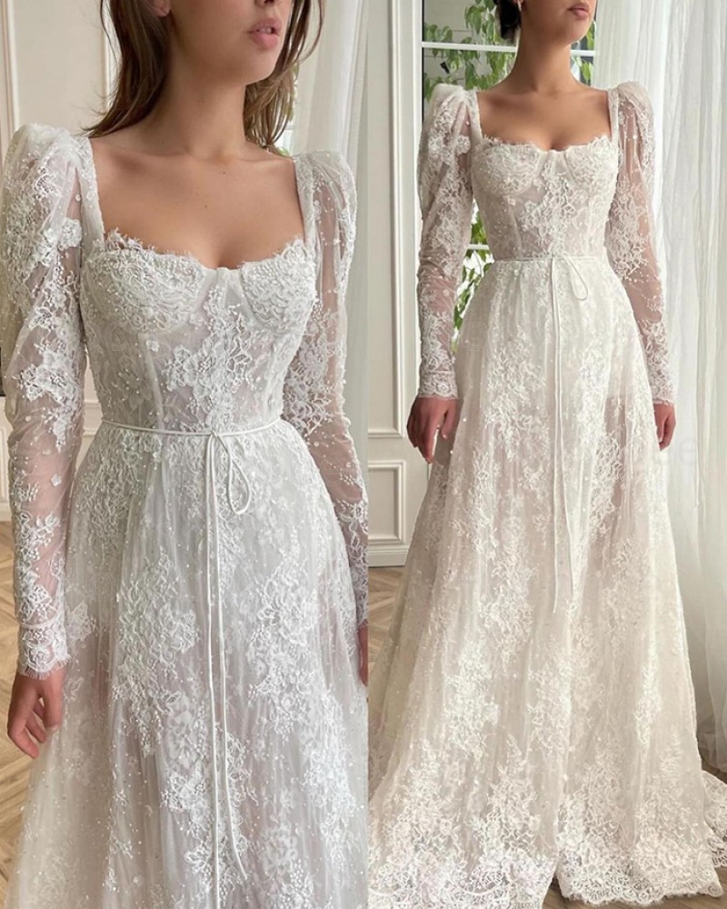 White Square Neckline Lace A-line Bridal Dress with Long Sleeves WD2645