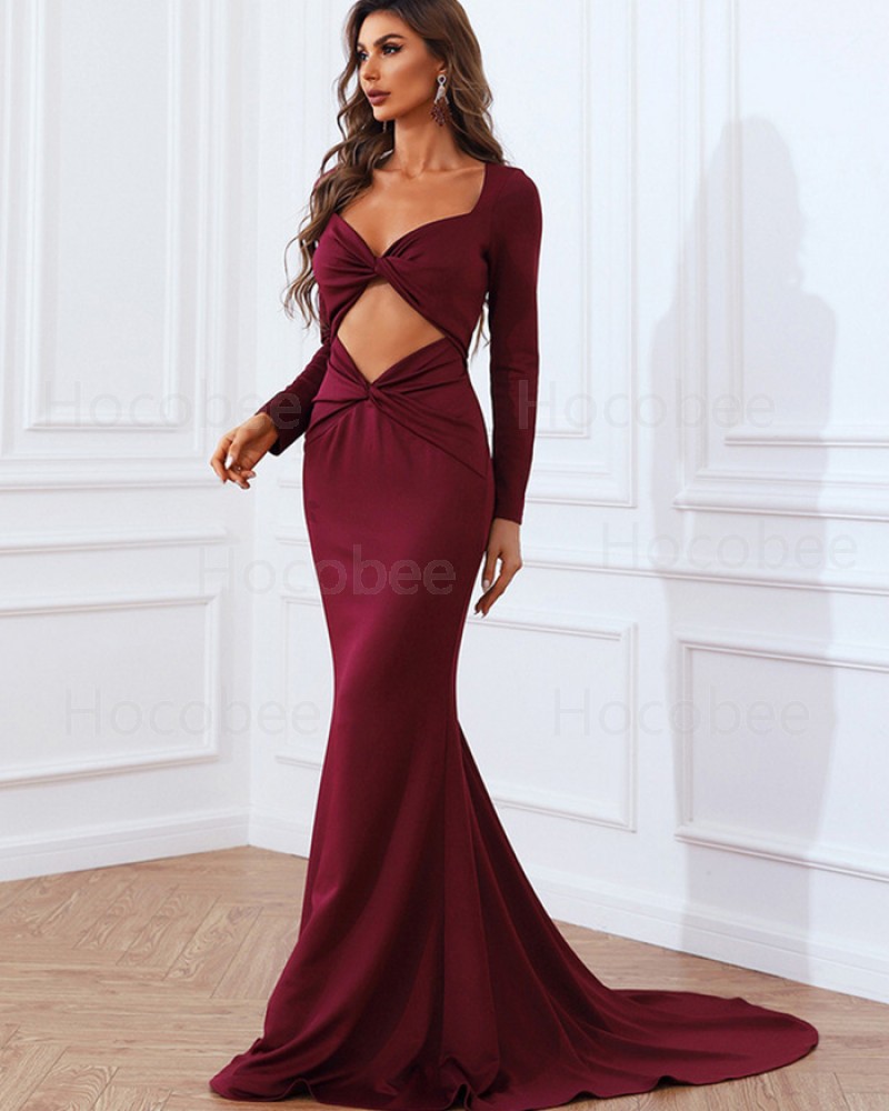 Burgundy Cutout V-neck Mermaid Evening Dress with Long Sleeves XJ790