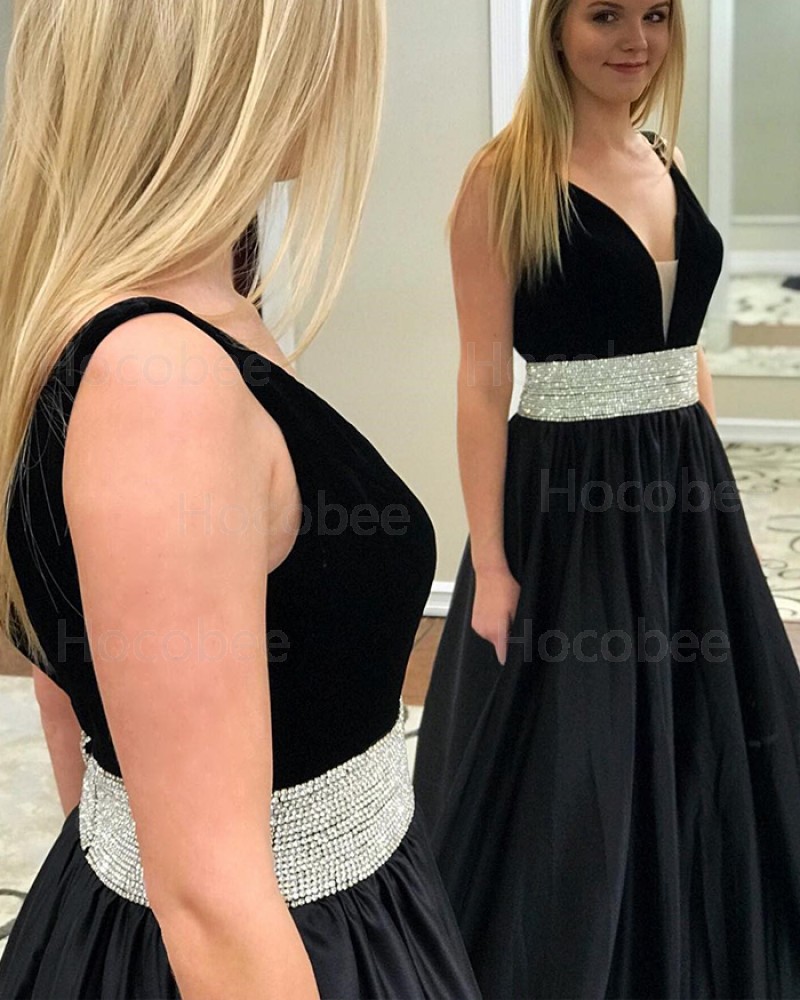 Black A-line Satin Deep V-neck Prom Dress with Beading Belt pd1508