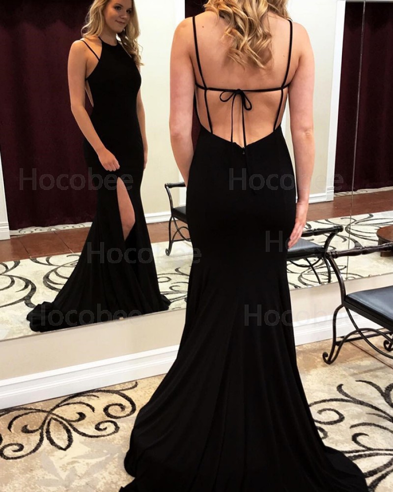 Satin Mermaid Halter Black Prom Dress with Side Slit pd1510