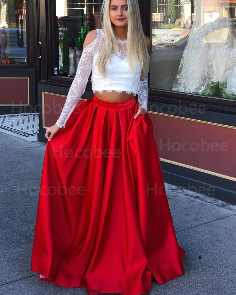 Two Piece Jewel Long Sleeve Lace Bodice Prom Dress with Red Skirt pd1521