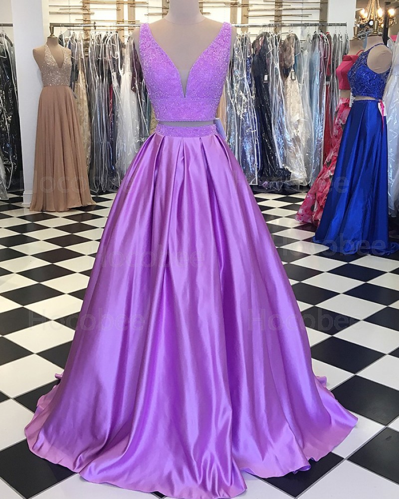 Lavender Beading Bodice Two Piece Satin Pleated Prom Dress pd1525