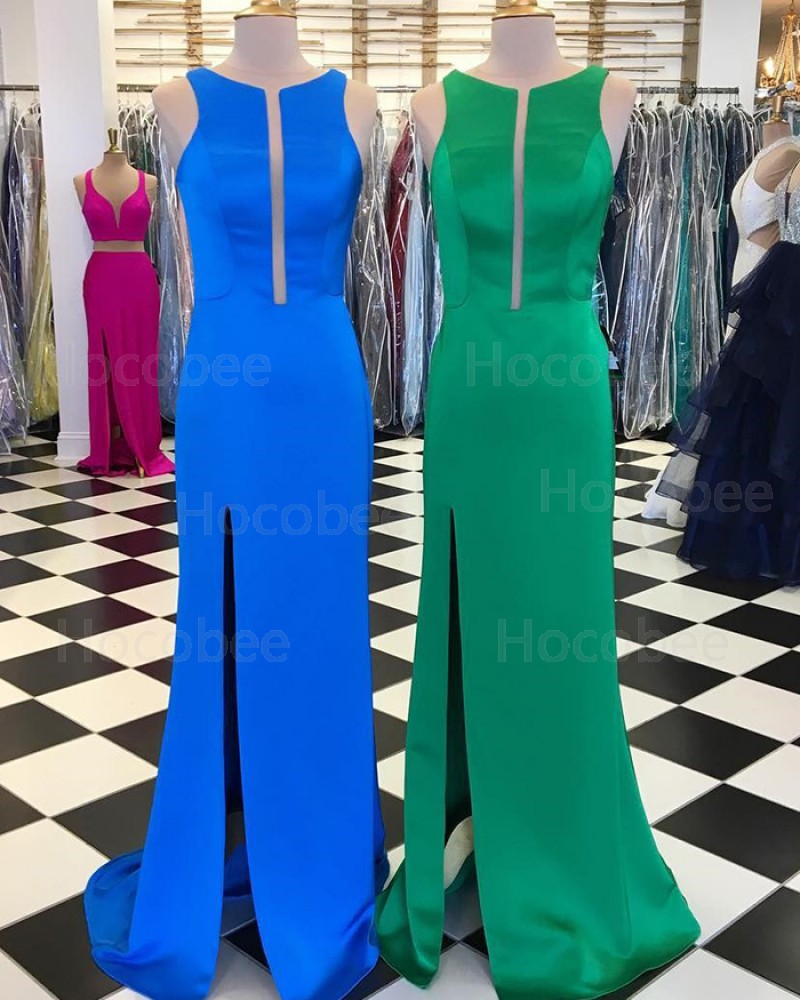 Simple Sheath Jewel Satin Long Formal Dress with Side Slit pd1534