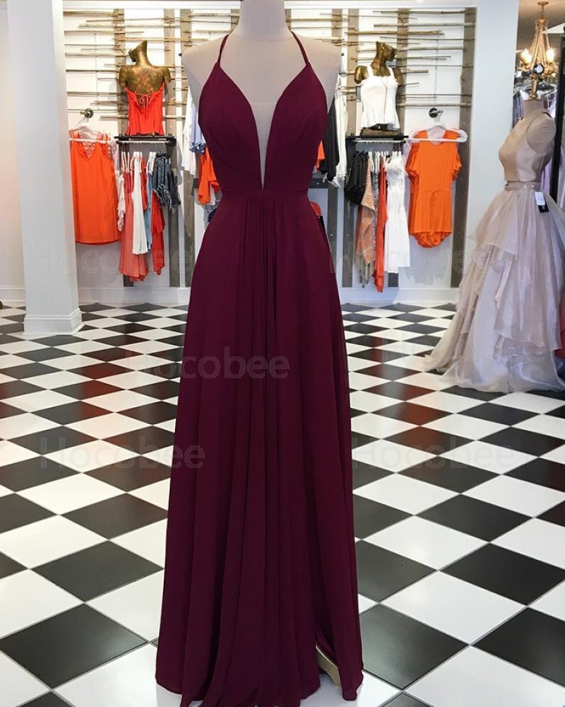 Simple Burgundy Pleated Prom Dress with Side Slit pd1538