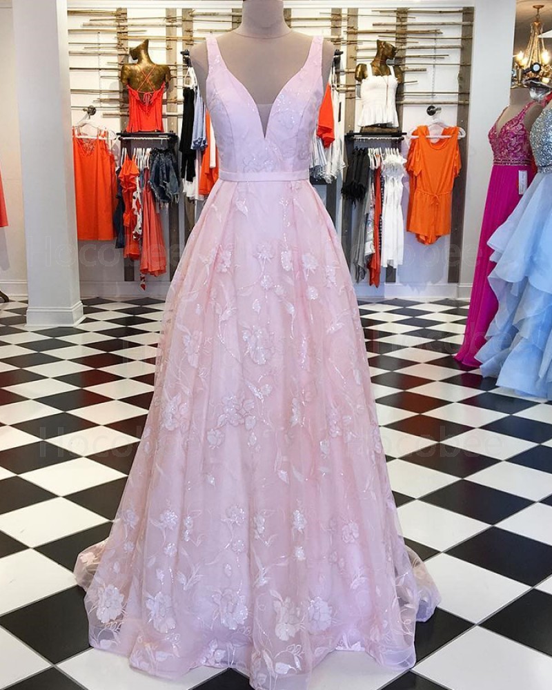 V-neck Pink Lace Pleated Long Formal Dress pd1540