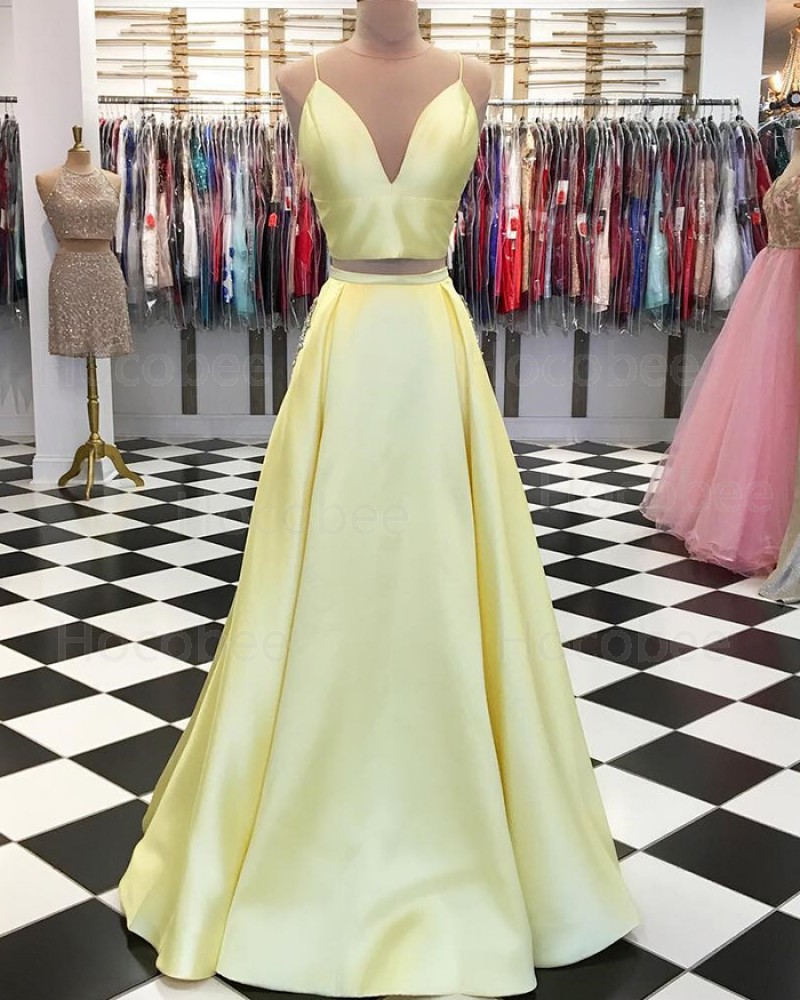 Two Piece Spaghetti Straps Yellow Simple Pleated Long Formal Dress pd1553