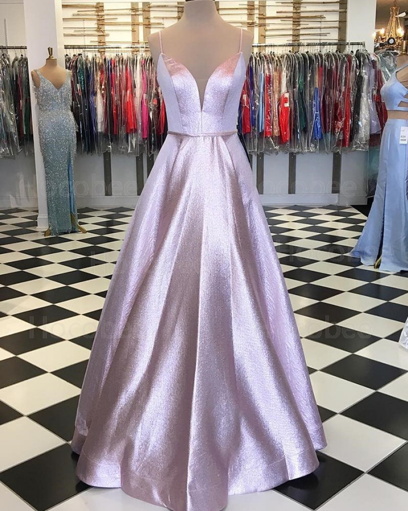 Sparkle Pink Metallic Spaghetti Straps Ball Gown Prom Dress pd1558
