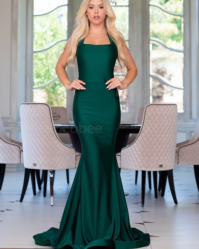 Simple Satin Halter Green Mermaid Prom Dress pd1568