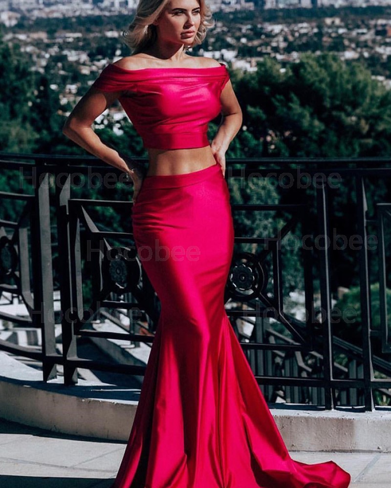 Simple Off the Shoulder Two Piece Red Satin Mermaid Prom Dress pd1575